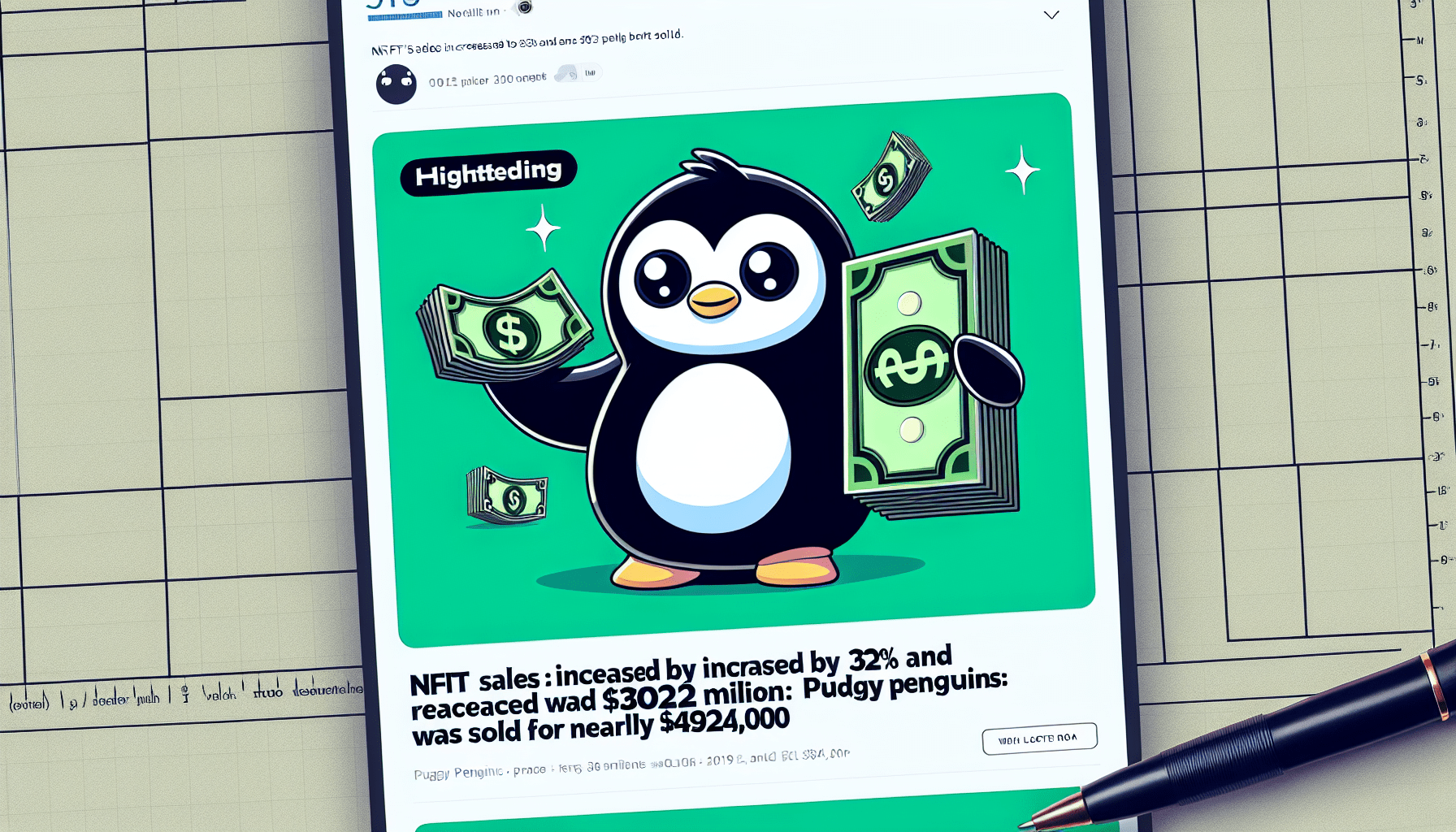 فروش NFT ها ۳۳٪ افزایش یافته و به ۳۰۲ میلیون دلار رسید: Pudgy Penguins #۴۶۱۱ به قیمت نزدیک به ۴۹۴ هزار دلار فروخته شد.